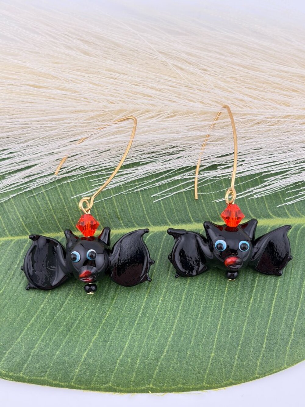 Halloween BAT Lampwork Glass Bead Spooky Handcrafted Earrings LR239